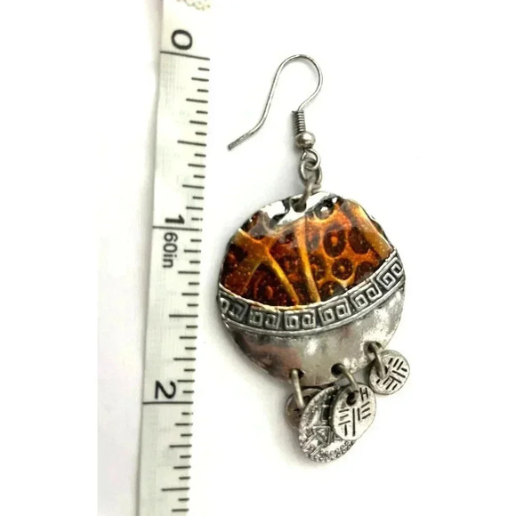 Silver Tone Metal Dangle Round Earrings Two Tone Design Unique - Picture 3 of 8